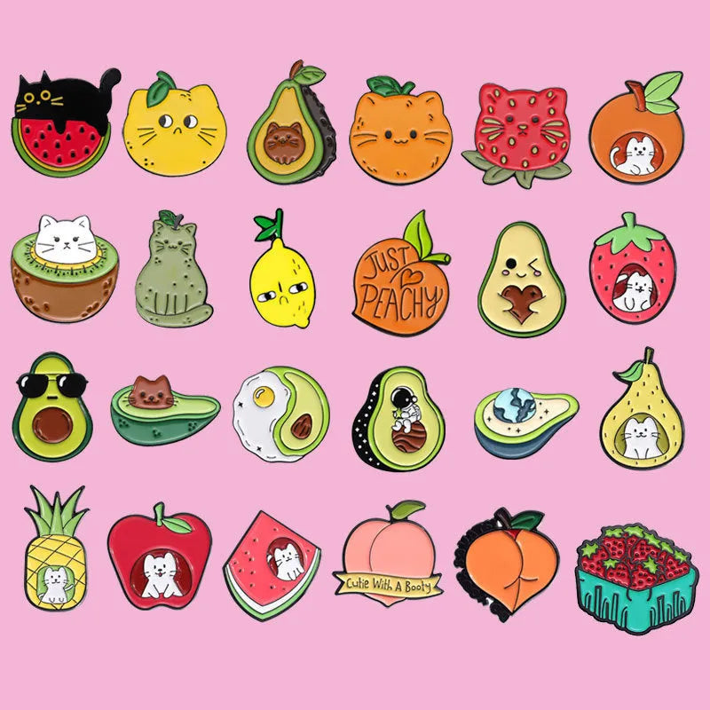 Colourful cartoon fruit and letter design metal brooch made from zinc alloy.