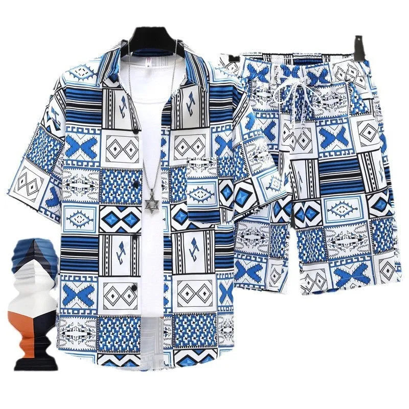 Men's casual two-piece set with short sleeve top and matching shorts in polyester fabric