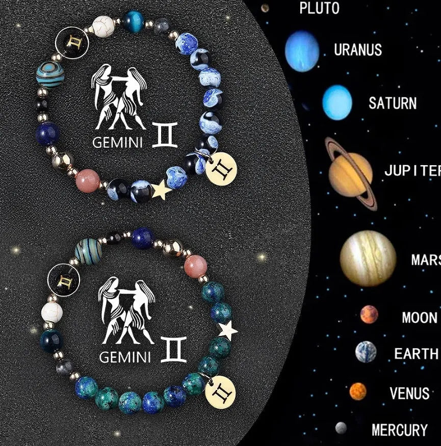 Natural stone beaded bracelets for twelve zodiac signs on stretch cord