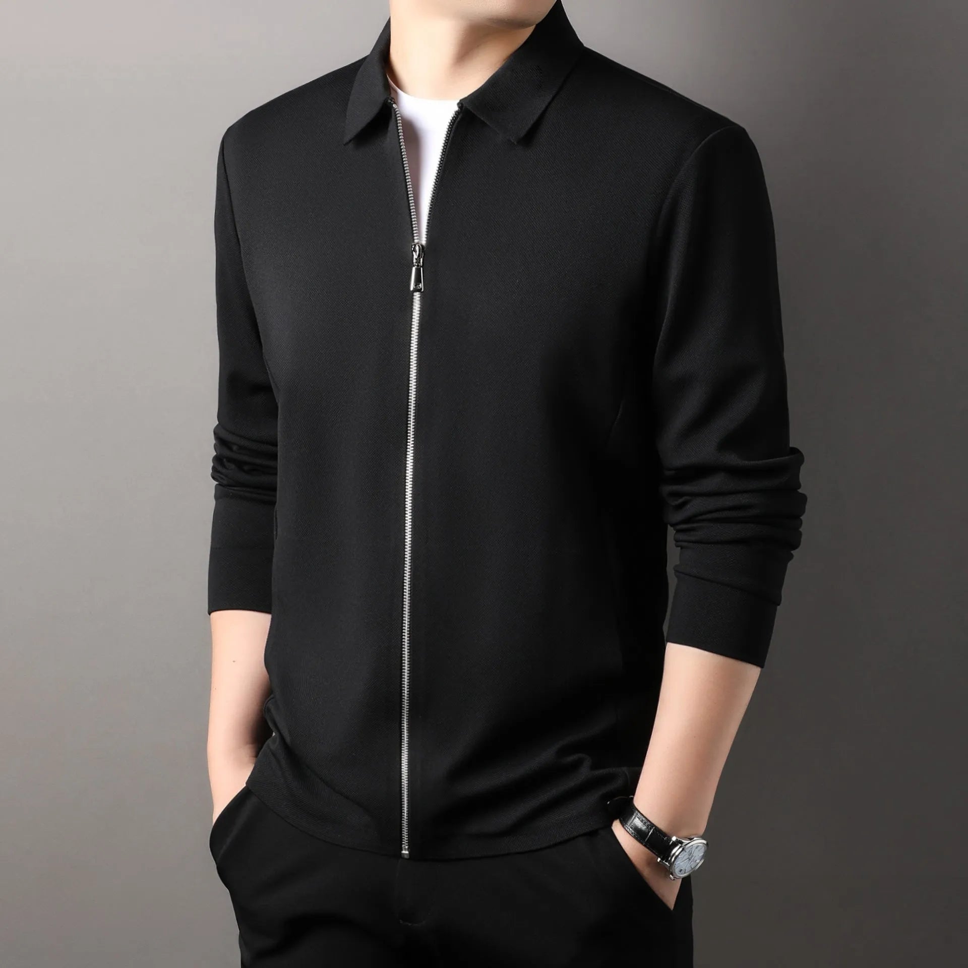 Men's straight hem polyester jacket in apricot, black, or dark grey on a size chart