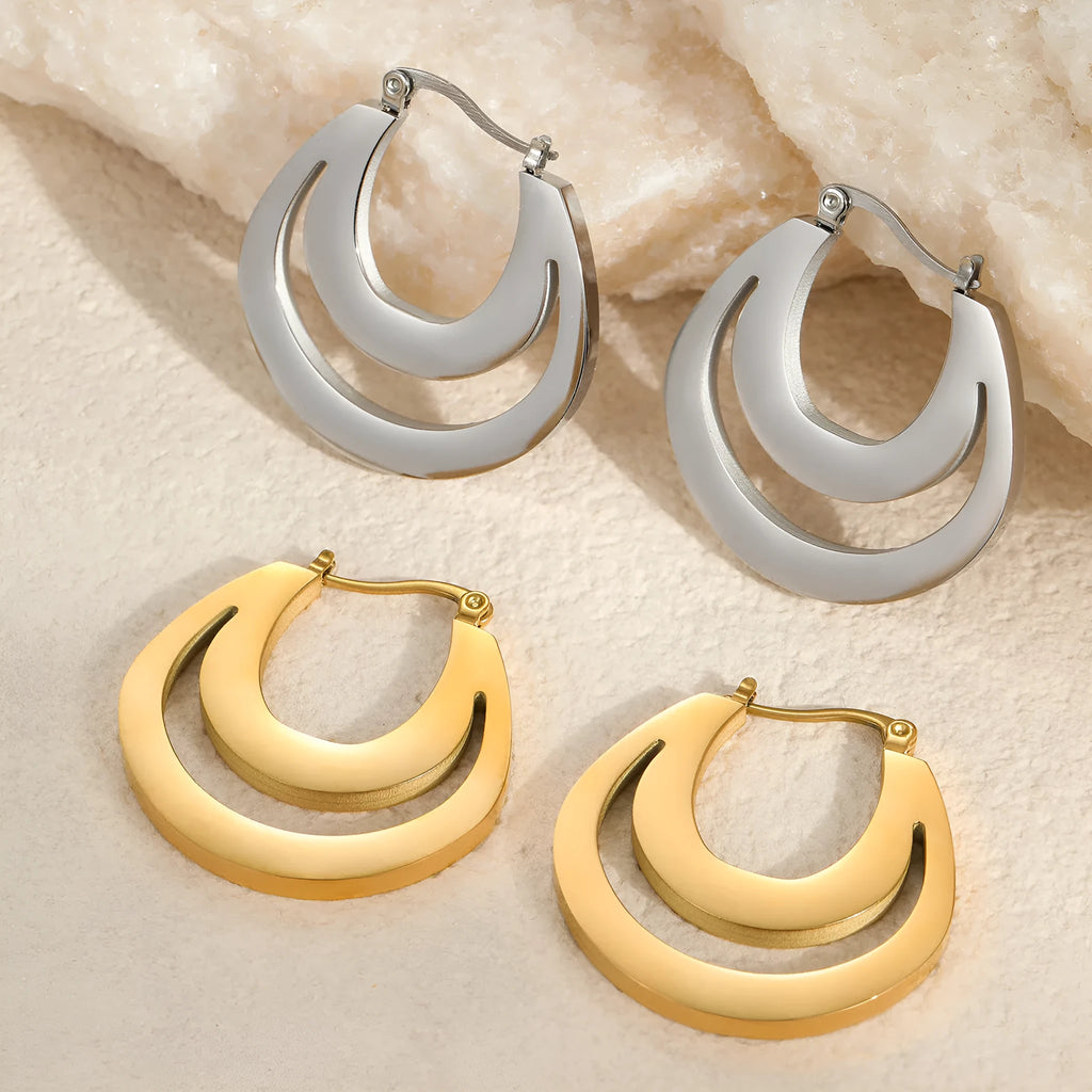 Gold plated geometric French earrings with round ring minimalist design