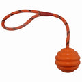 Multi-colour rubber dog chew ball with rope knot design for interactive play