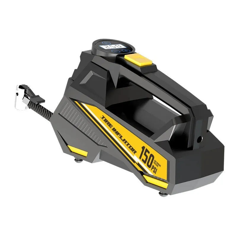 Black portable electric tyre inflator with digital display for vehicle tyre pressure maintenance