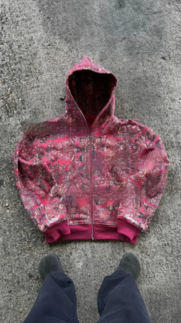 Men's blue hooded zip-up casual coat with loose fit and digital printing design