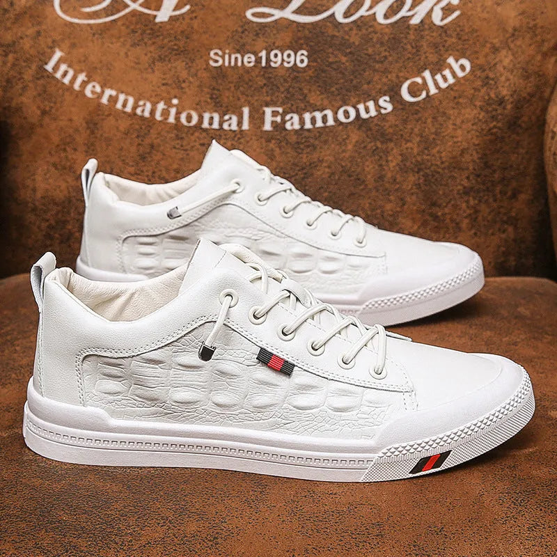 Men's white round toe lace-up sneakers with a PU leather upper and flat rubber sole.
