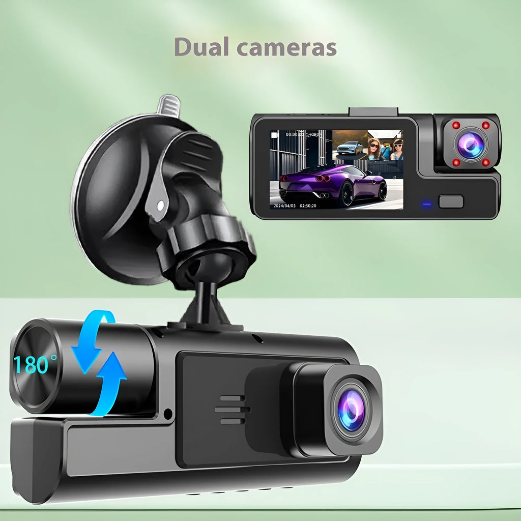 WiFi-enabled car dash cam on windscreen with 2-inch screen and data cable