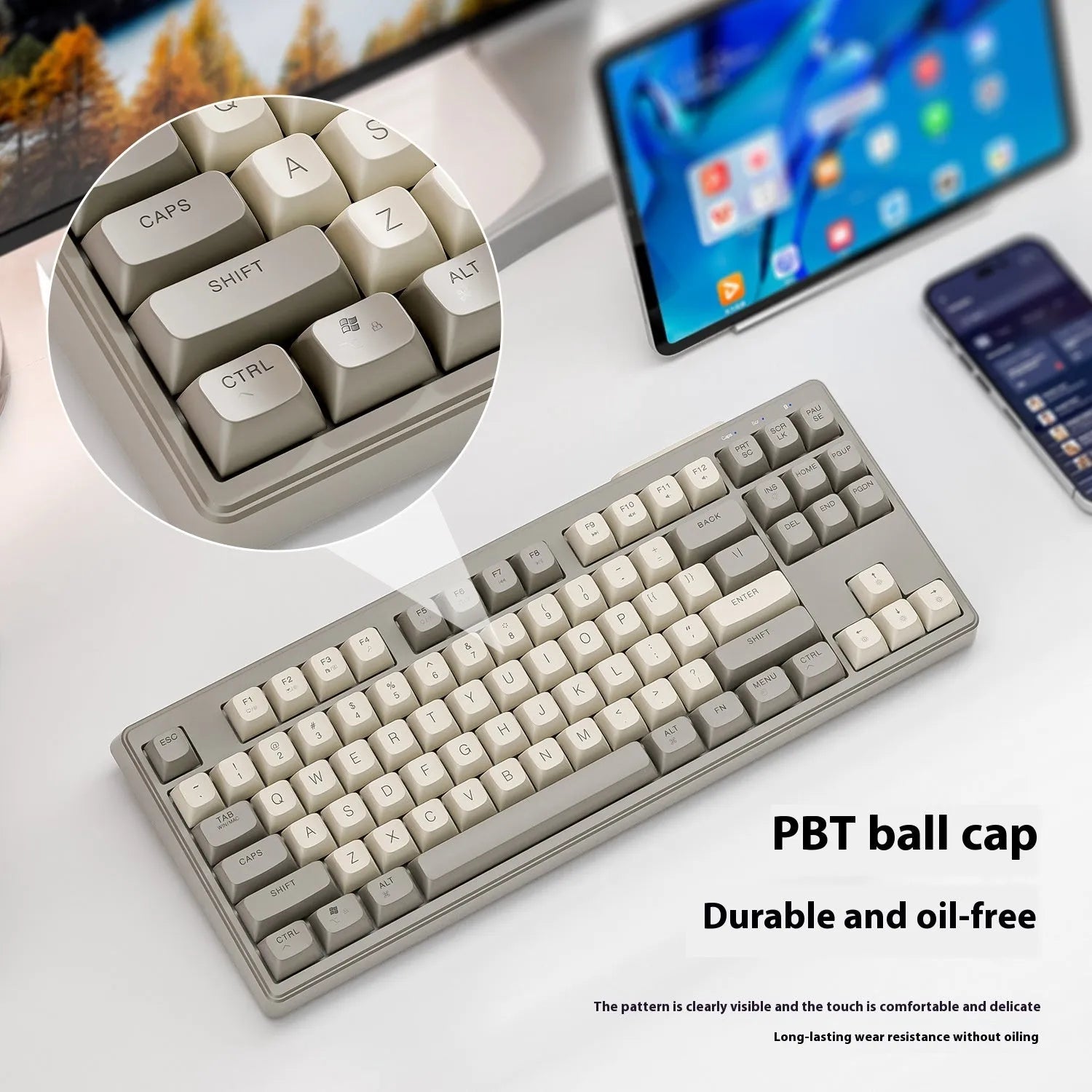 Free Wolf M87 wireless Bluetooth dual-mode keyboard in blueberry colour on a desk