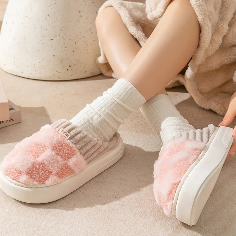 Women's plush indoor slippers in grey with round toe, non-slip PVC sole, and coral velvet upper.