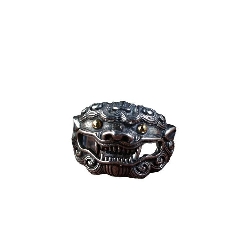 Silver adjustable open ring with Jibeast animal zodiac pattern and diamond detailing