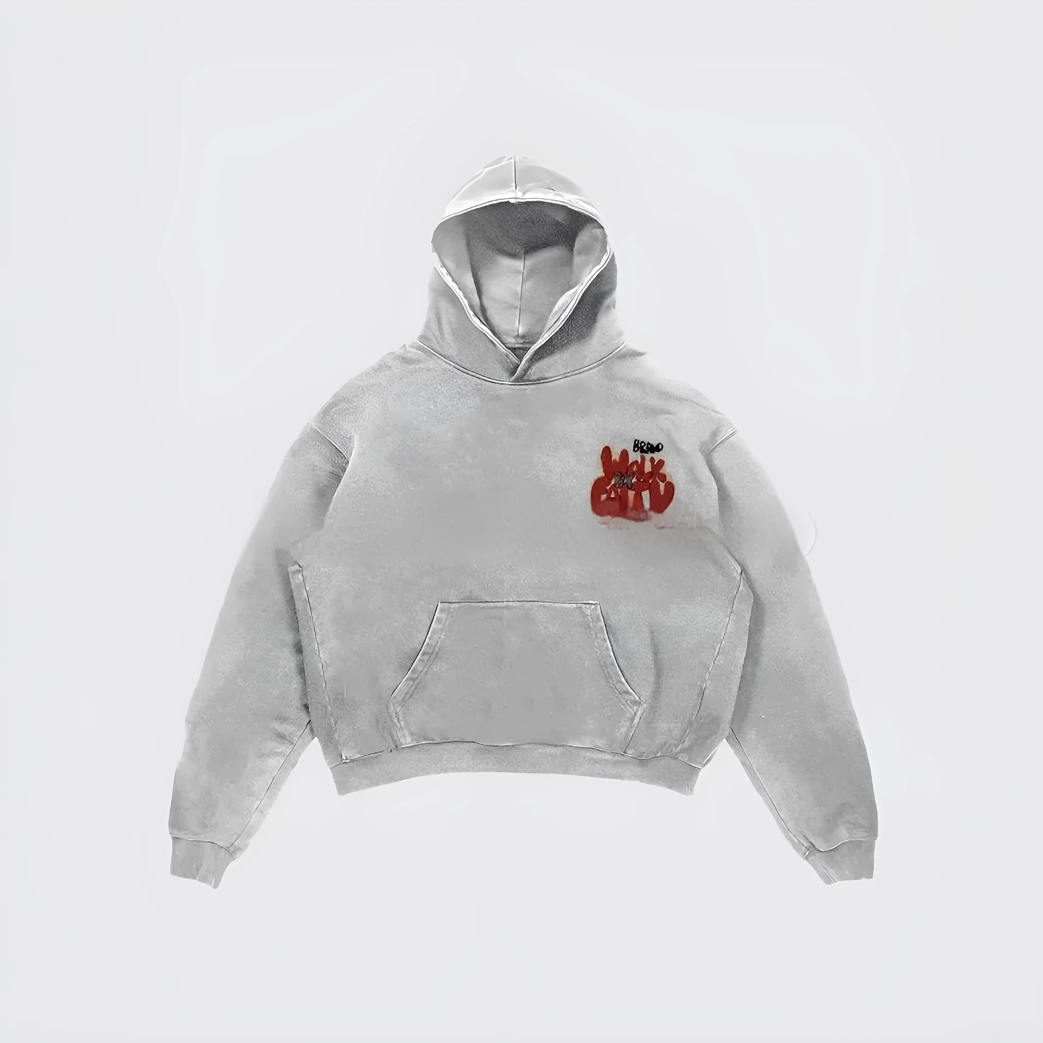 Women's granny grey hoodie with vintage letter print pattern showing front view with pockets