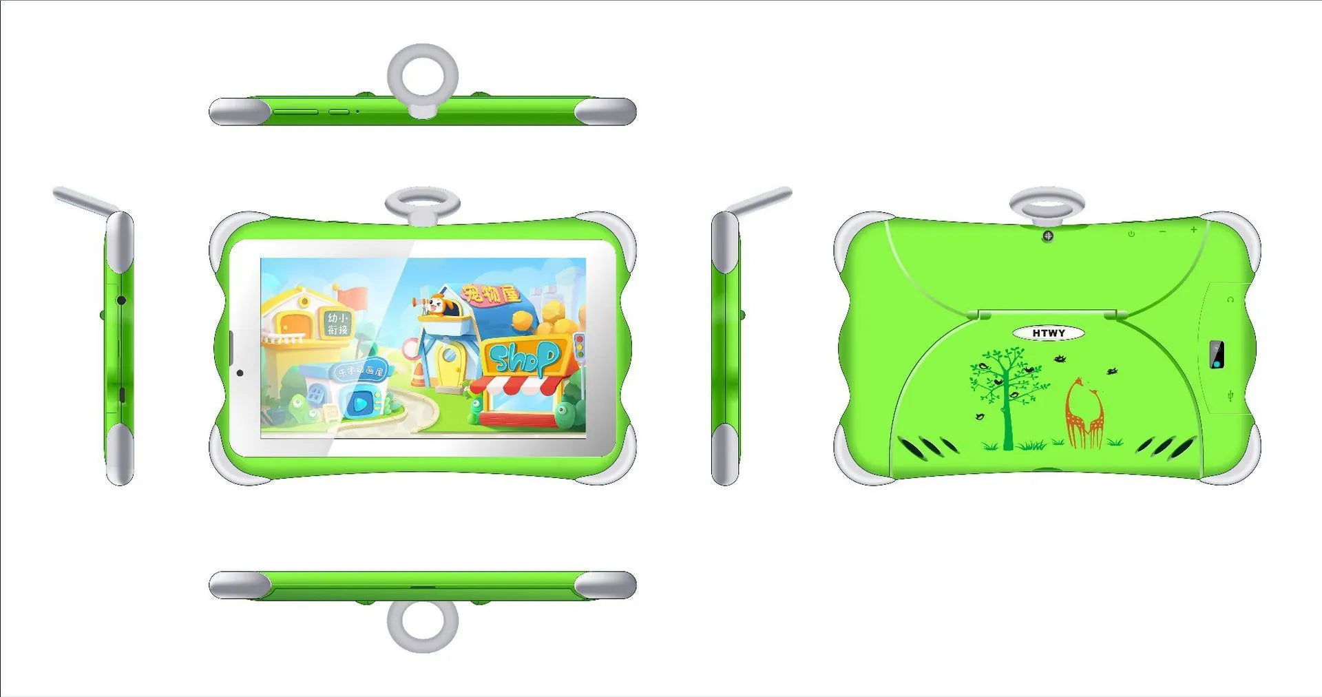 Cartoon-coloured 7-inch children's learning tablet with integrated stand shown in use.