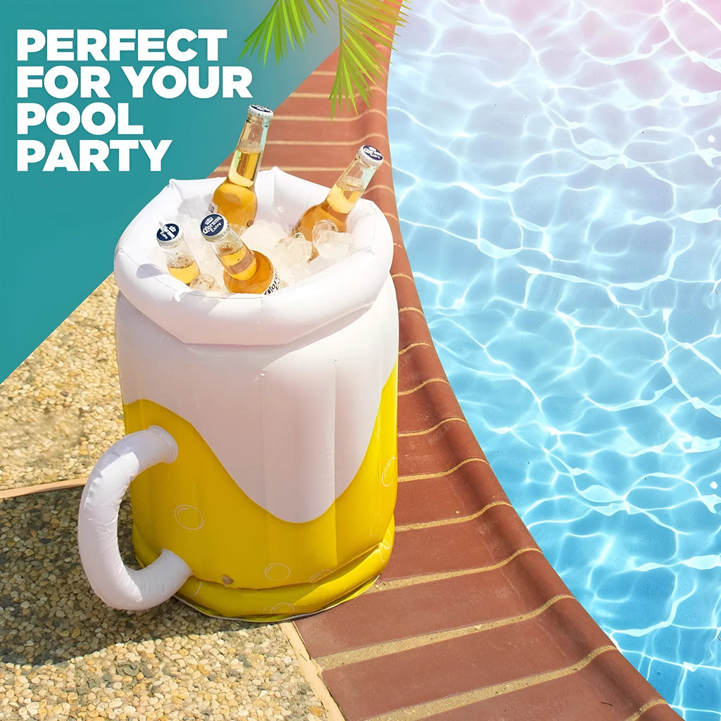 Yellow inflatable beer mug cooler pool float, 44cm x 32cm PVC drink holder for parties