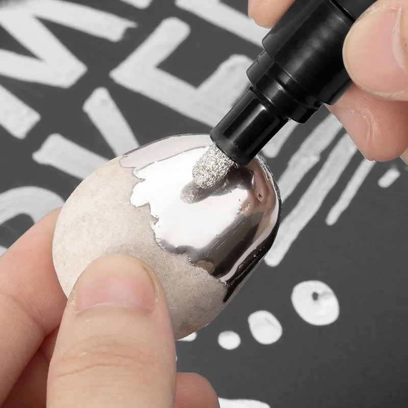 Waterproof mirror marker pen with plastic body, shown with 1mm and 2mm nib options.