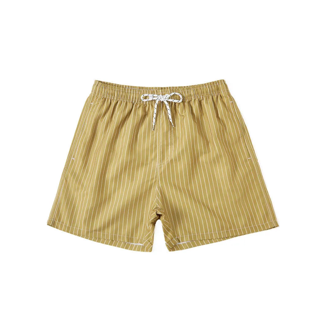 A pair of grey striped casual shorts with a straight leg opening, laid flat.