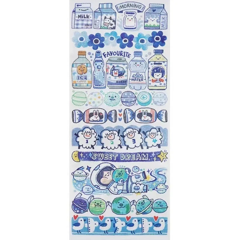 Sheet of cute cartoon character stickers printed on Japanese paper for packaging decoration.