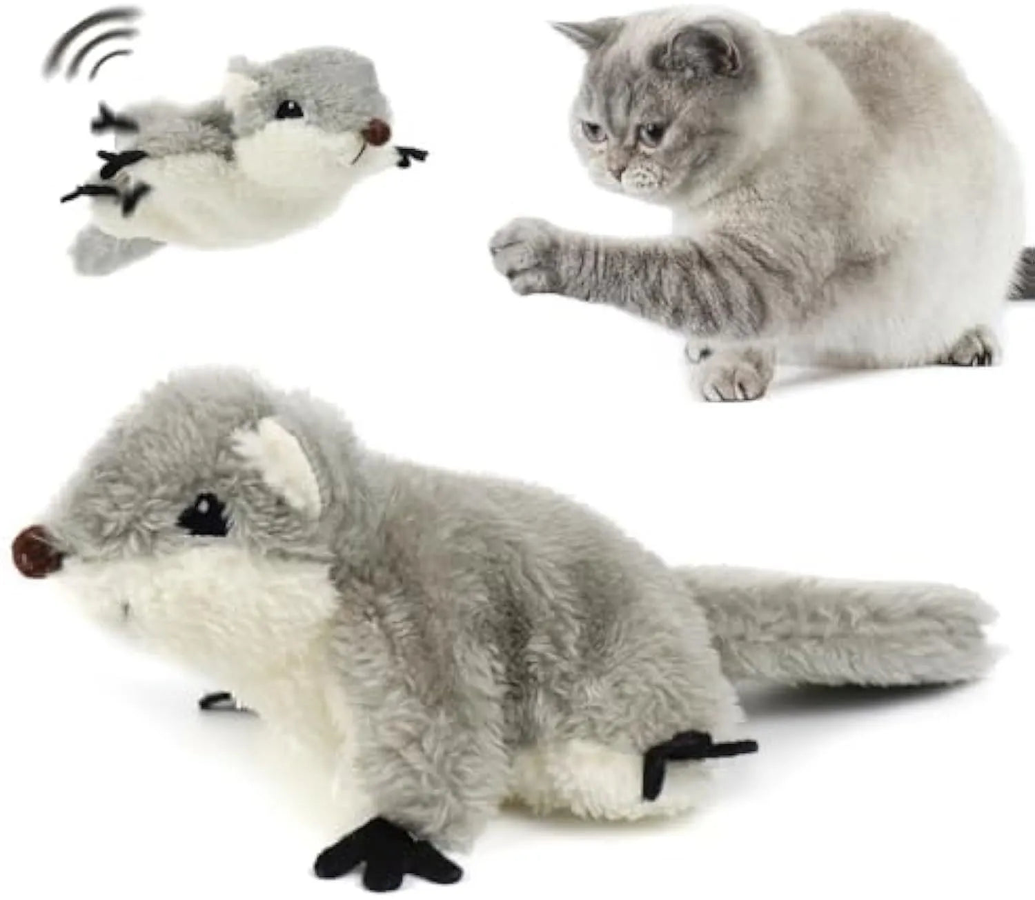 Gray flapping squirrel cat toy with electronic components and soft plush material