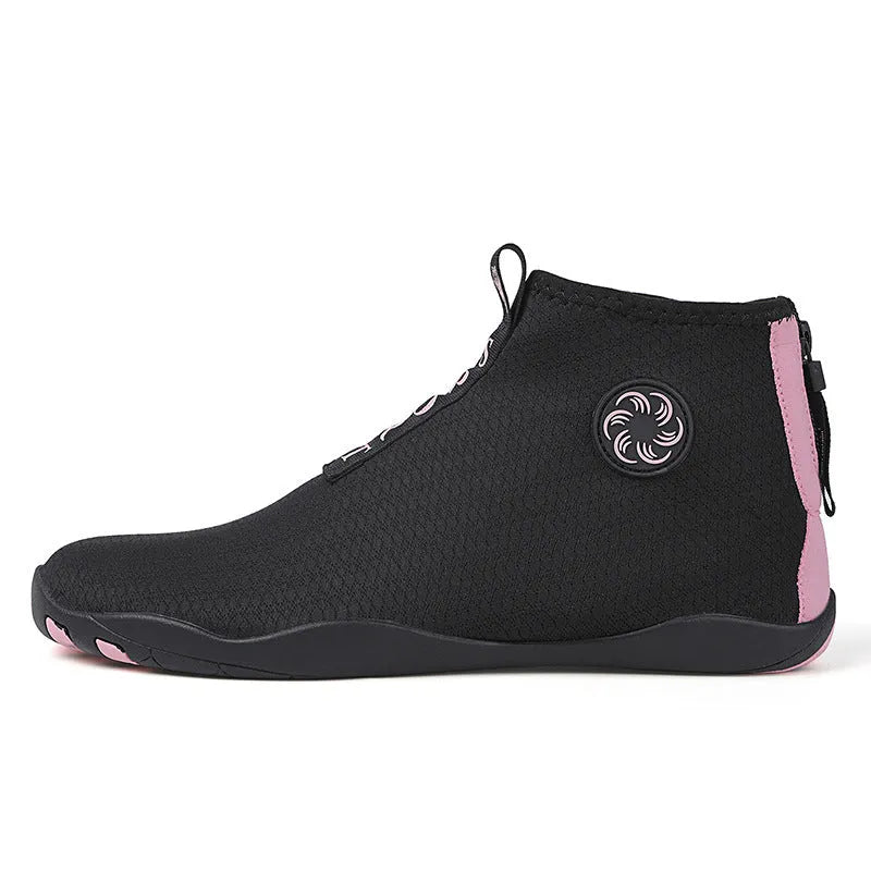 Mid-top quick-dry mesh beach shoe with non-slip rubber sole in black and fluorescent green.