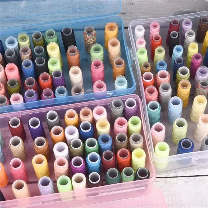 Plastic sewing storage box with 42 positions for embroidery thread spools in transparent, pink, or blue