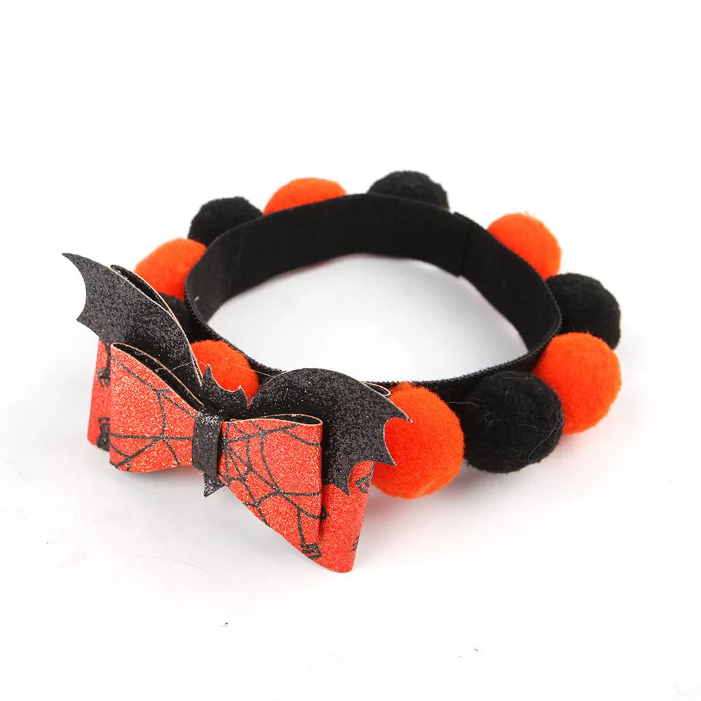 Halloween pet fur ball collar in pumpkin design with adjustable sizing for dogs and cats
