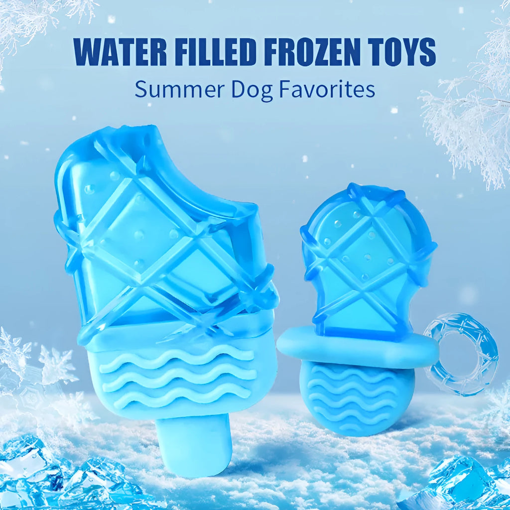 Set of three silicone dog toys: a blue pacifier, a red popsicle, and a green ring for water filling and freezing.