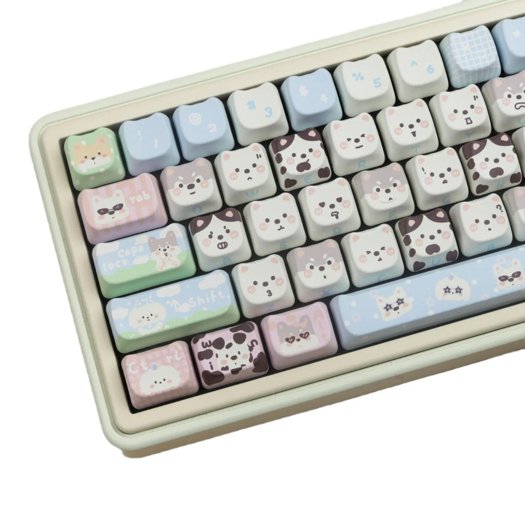 PBT sublimation key cap set featuring colourful cat and puppy artwork for mechanical keyboards