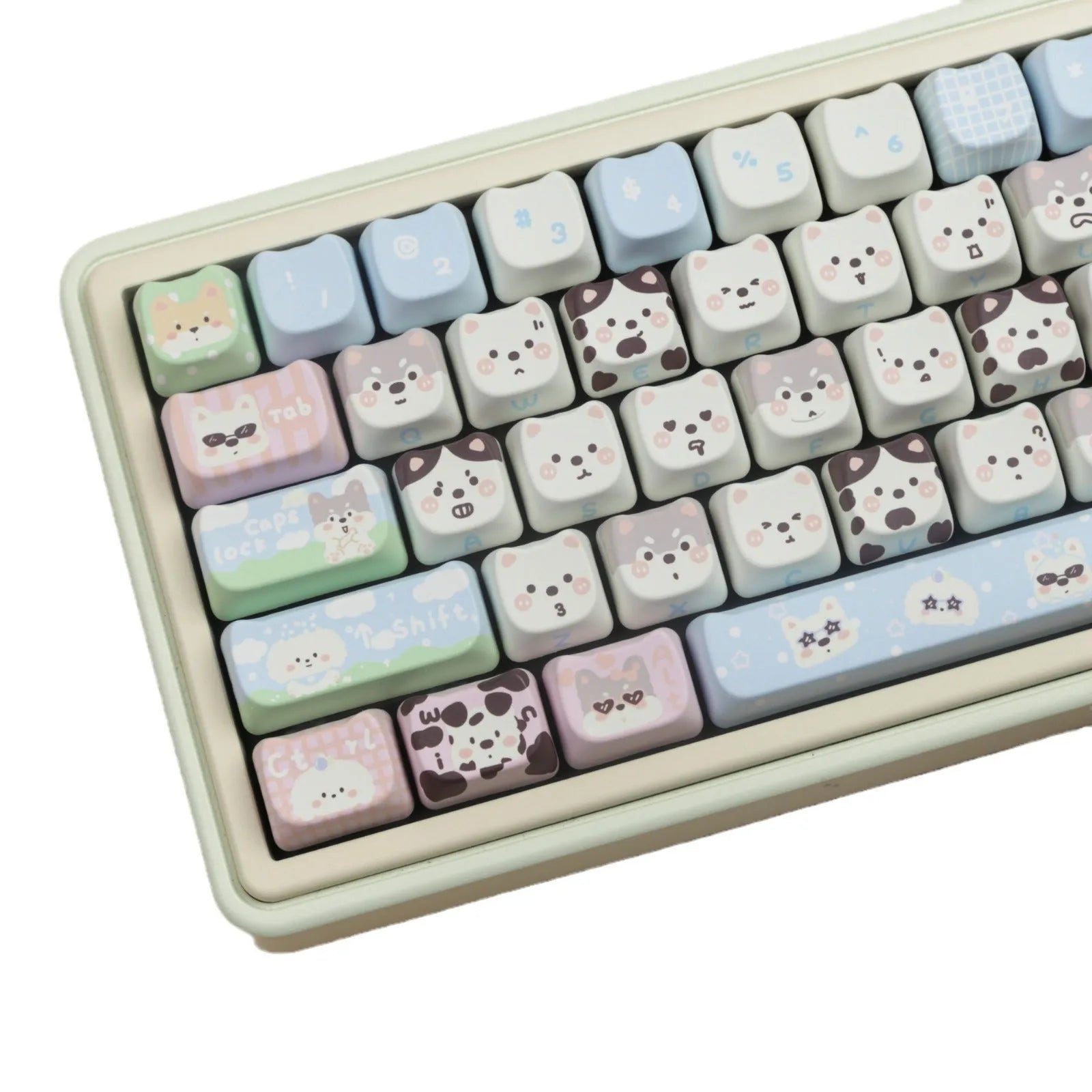 PBT sublimation key cap set featuring colourful cat and puppy artwork for mechanical keyboards