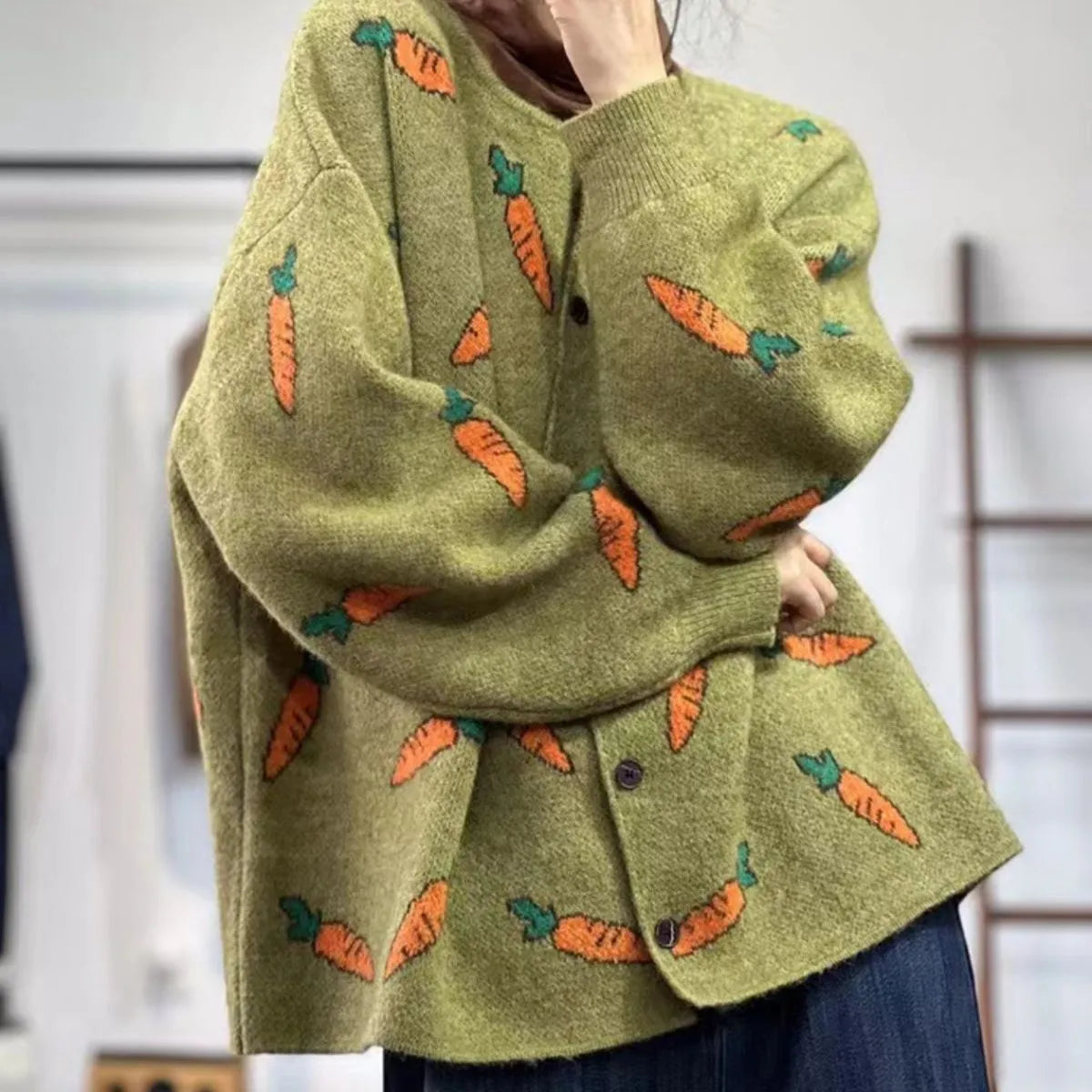 Round neck casual cardigan with Mori artistic printing colour contrast loose fit styling