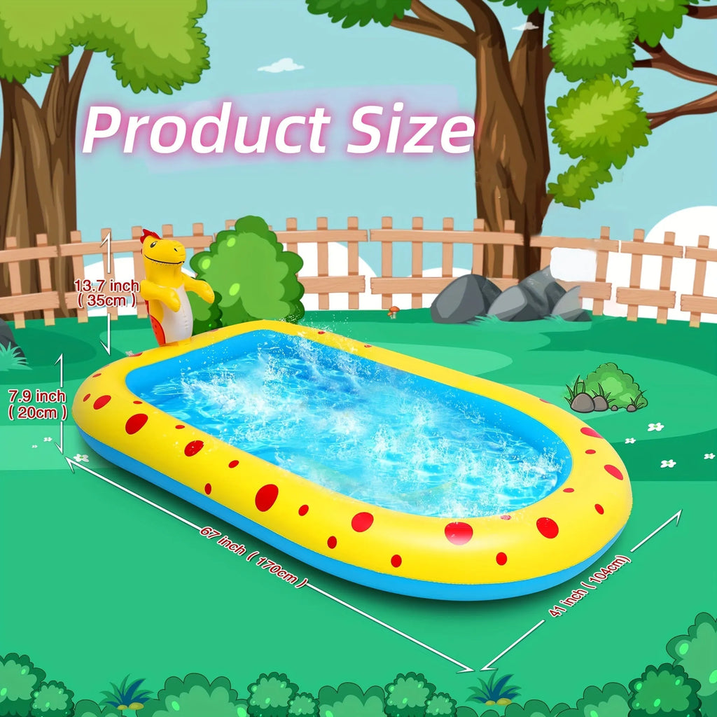 Blue dinosaur and shark inflatable water spray pool for kids outdoor play