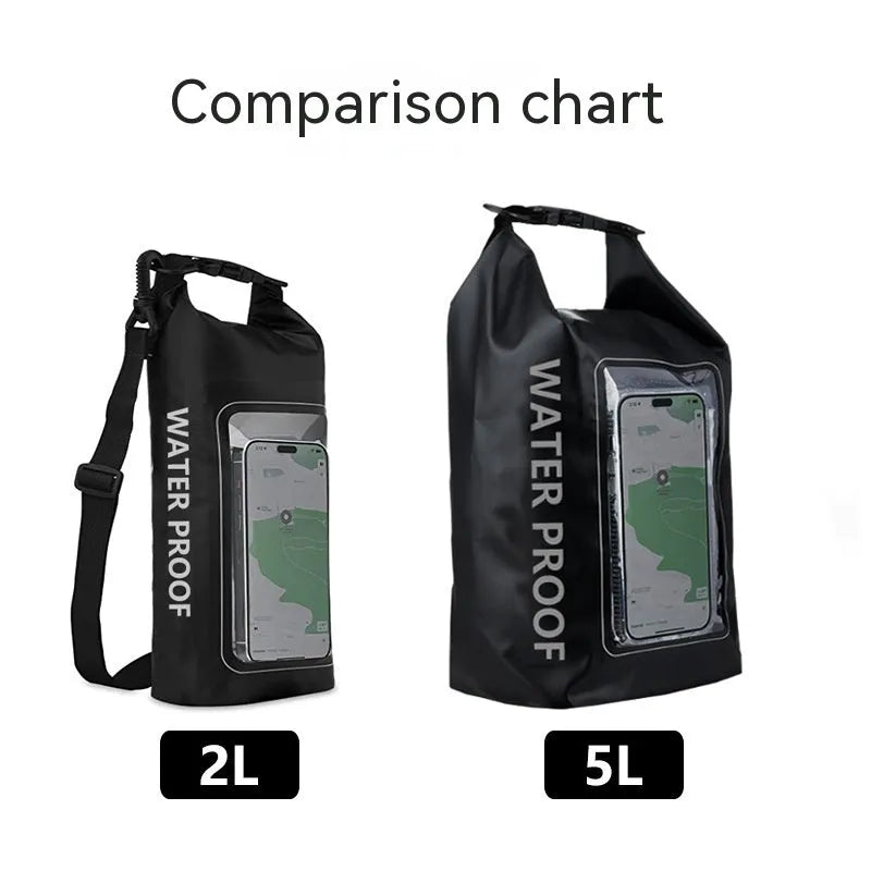 Waterproof crossbody dry bag for mobile phones in multiple colours, shown in 2L and 5L sizes.