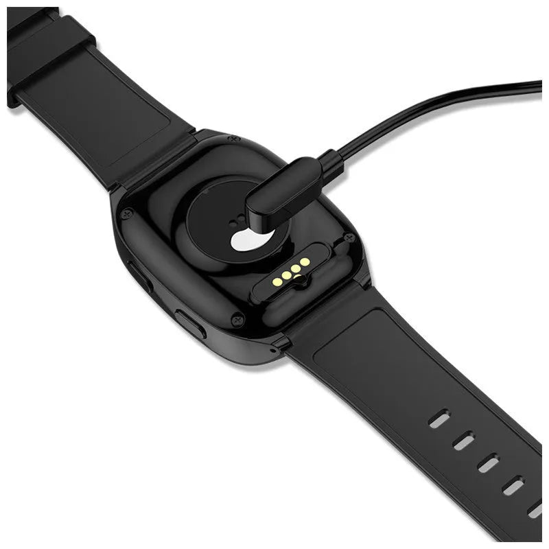 Black GPS tracker smartwatch for children with a touch screen showing a video call interface.