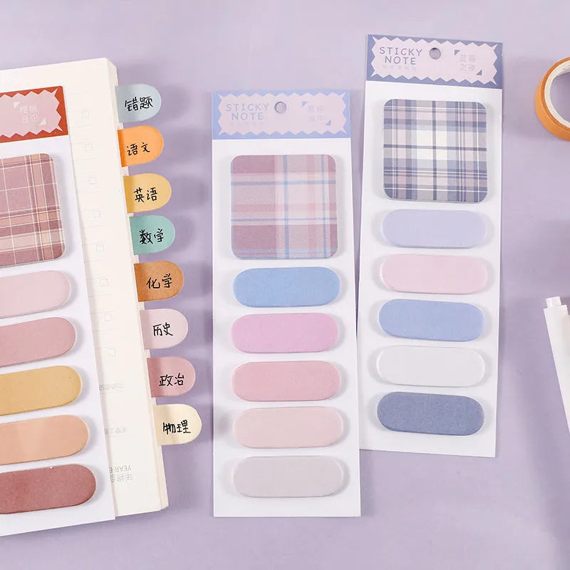 Plaid colour memo pad sticky notes showing six different designs with 67mm x 200mm dimensions