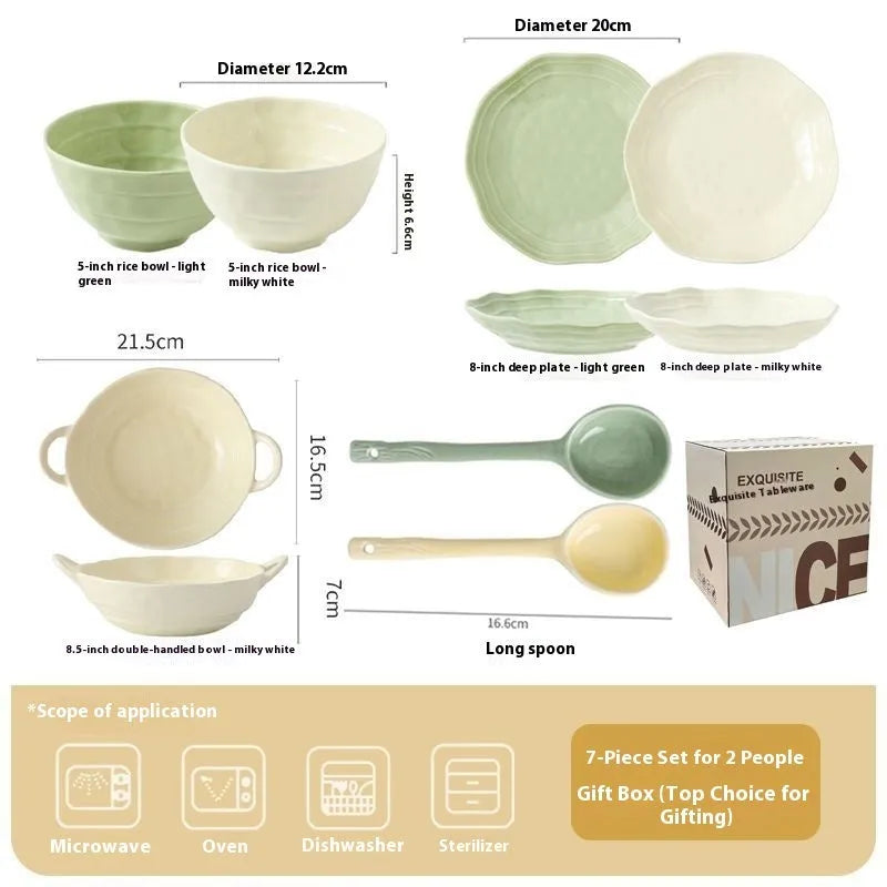 Solid colour ceramic tableware set of seven pieces with modern Japanese style design
