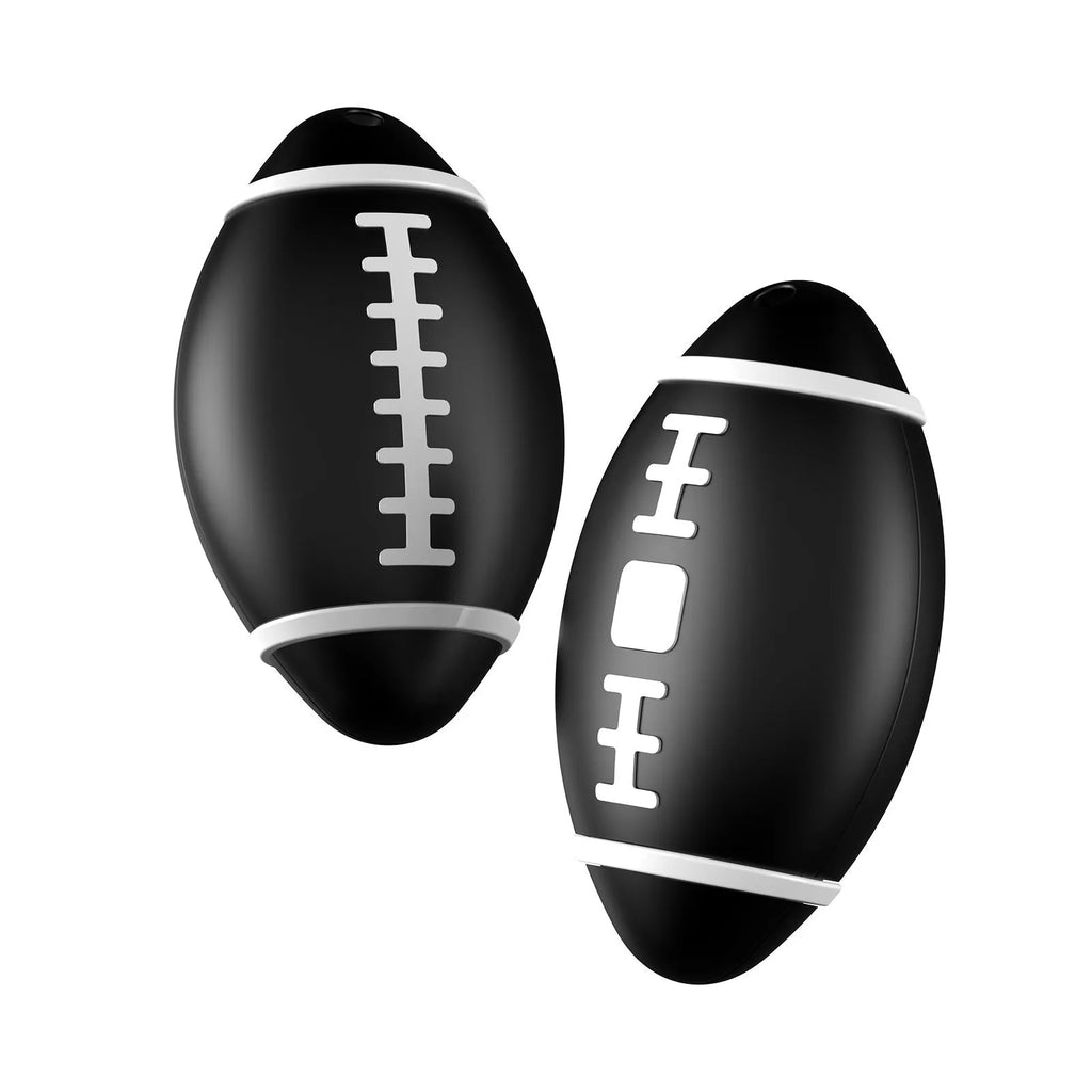 Compact 31.8mm anti-loss alarm device in black, brown, or green with rugby-shaped design