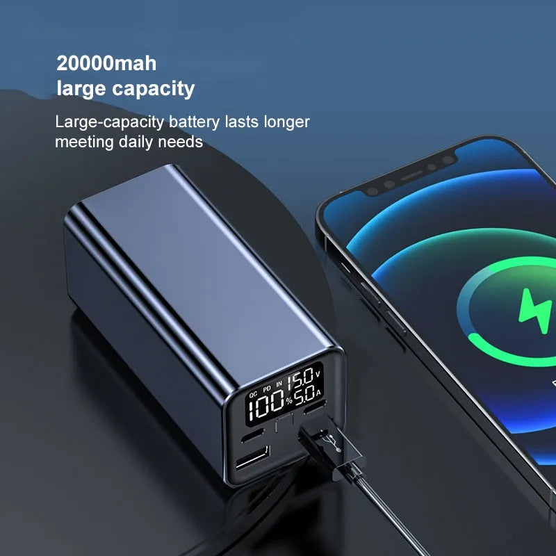 65W laptop charging bank with metal housing in black, blue or grey colours showing dimensions 47.5x104.5x47.5mm