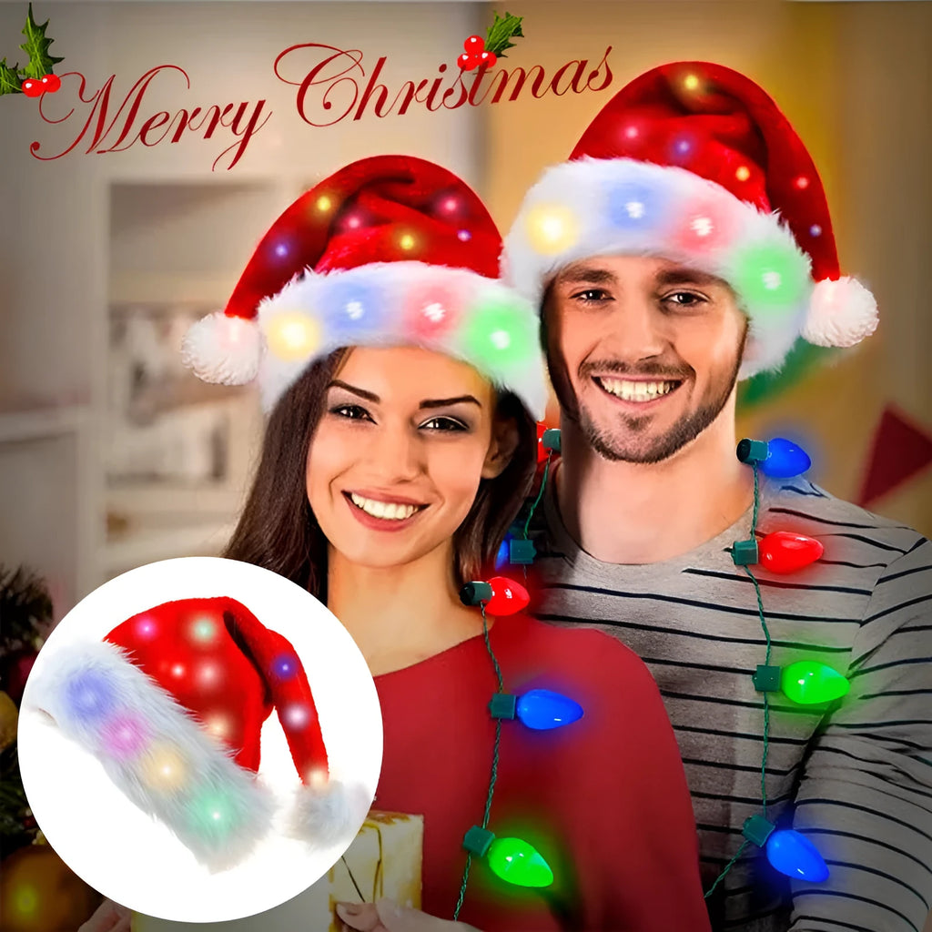 Red and white plush Santa hat with LED lights glowing in multiple colours on stretch spandex material