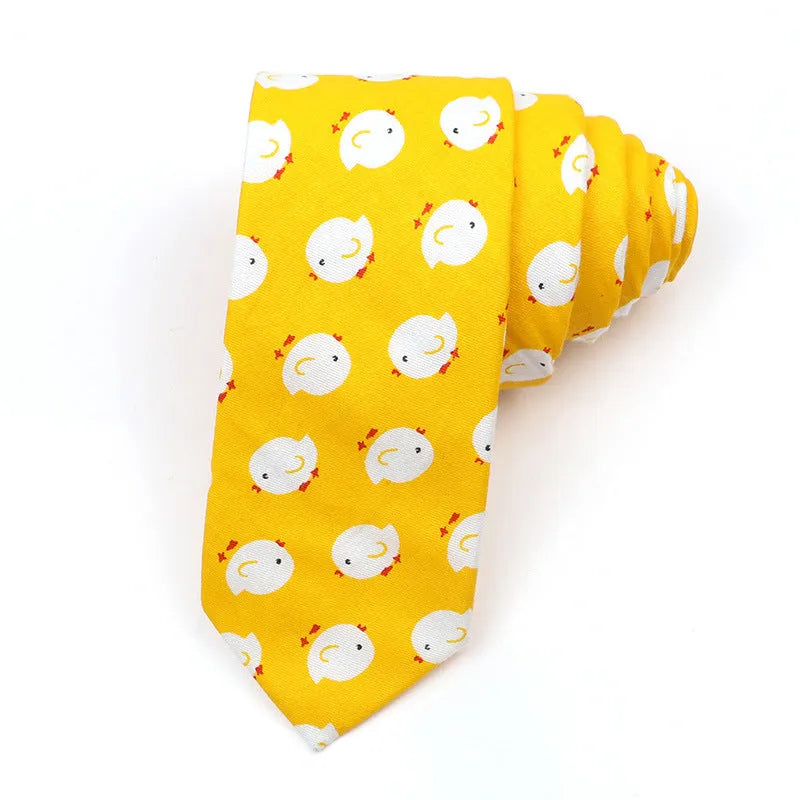 Narrow Korean-style cotton bow tie featuring a colourful cartoon print pattern.