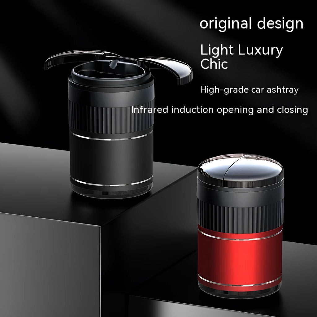 Automatic sensing metal smart ashtray with lid in black colour, showing compact 113mm x 72mm size