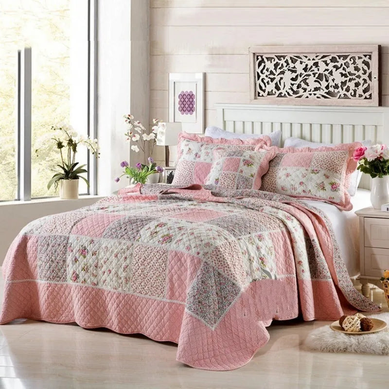 Pure cotton quilted bedspread and pillowcase three-piece set in a chosen colour pattern on a bed.