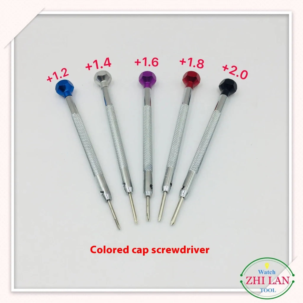 Six colour-coded aluminium screwdrivers with copper handles for watch repair and metre repair tool