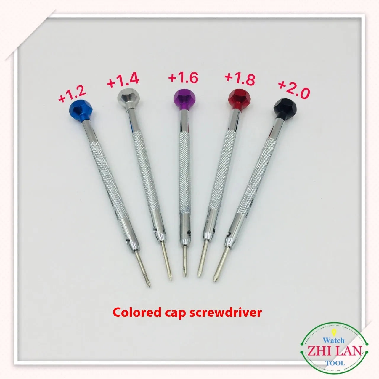 Six colour-coded aluminium screwdrivers with copper handles for watch repair and metre repair tool