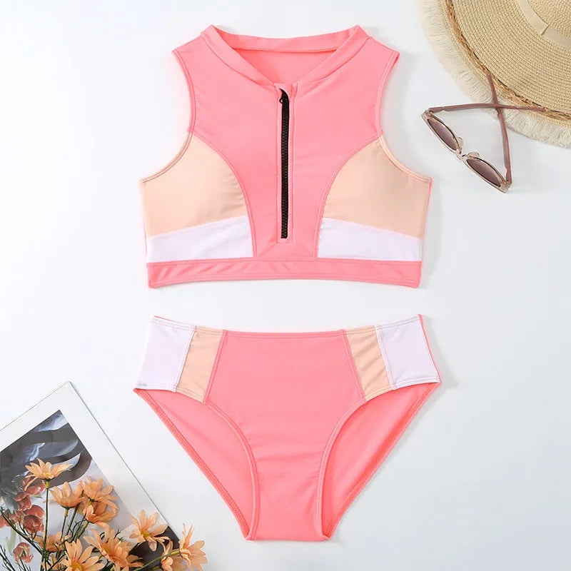 Pink high-waist split bikini swimsuit with sleeveless design and solid colour