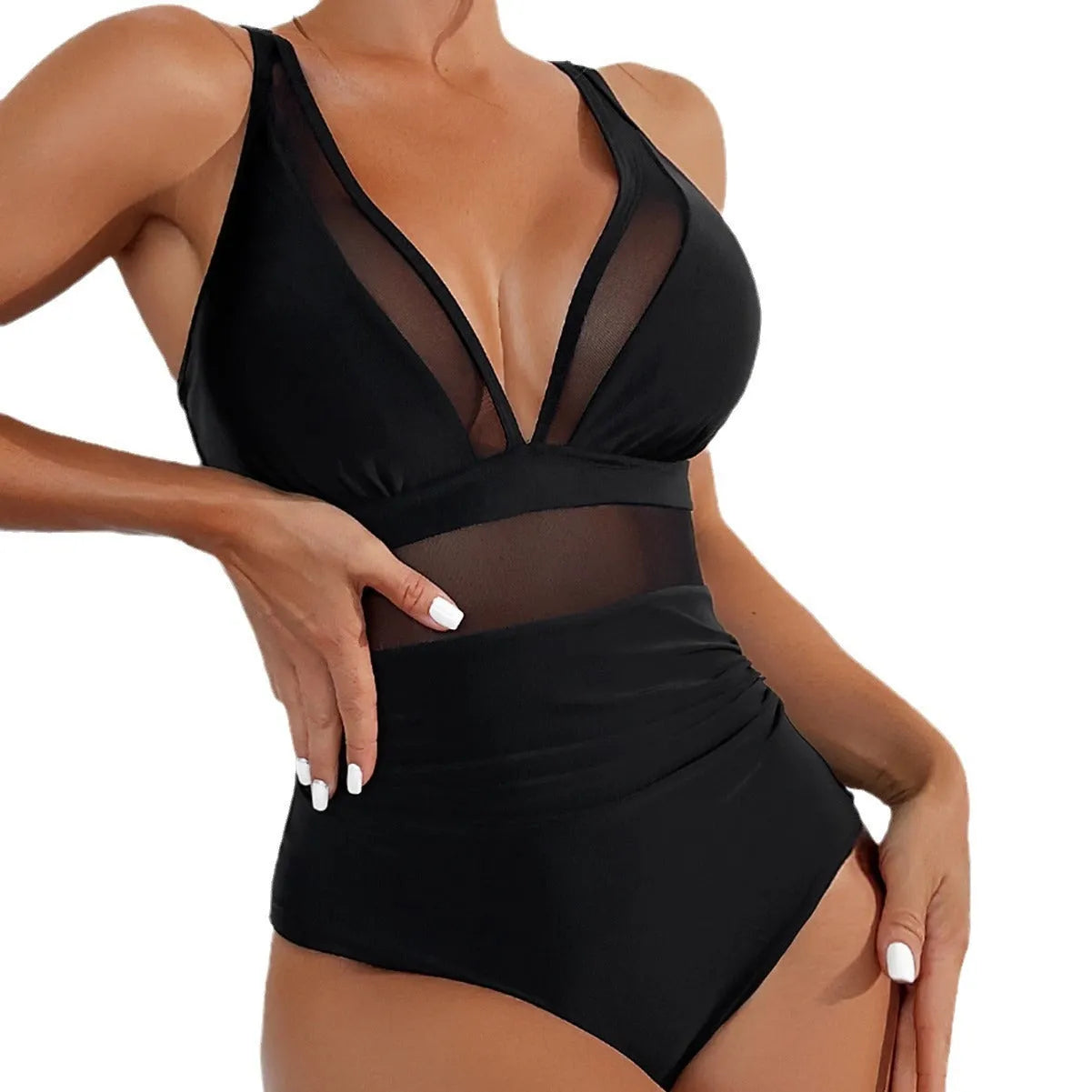 Black women's one-piece swimsuit with mesh halter neck and briefs style bottom.