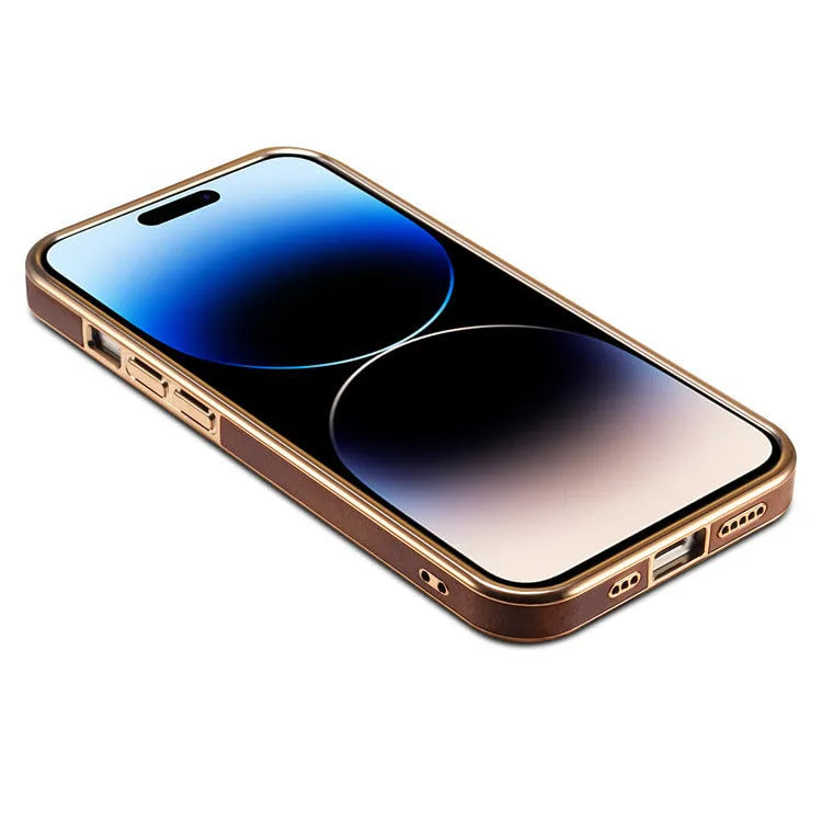 Handmade vintage leather phone case for iPhone showing slim profile and precise cutouts