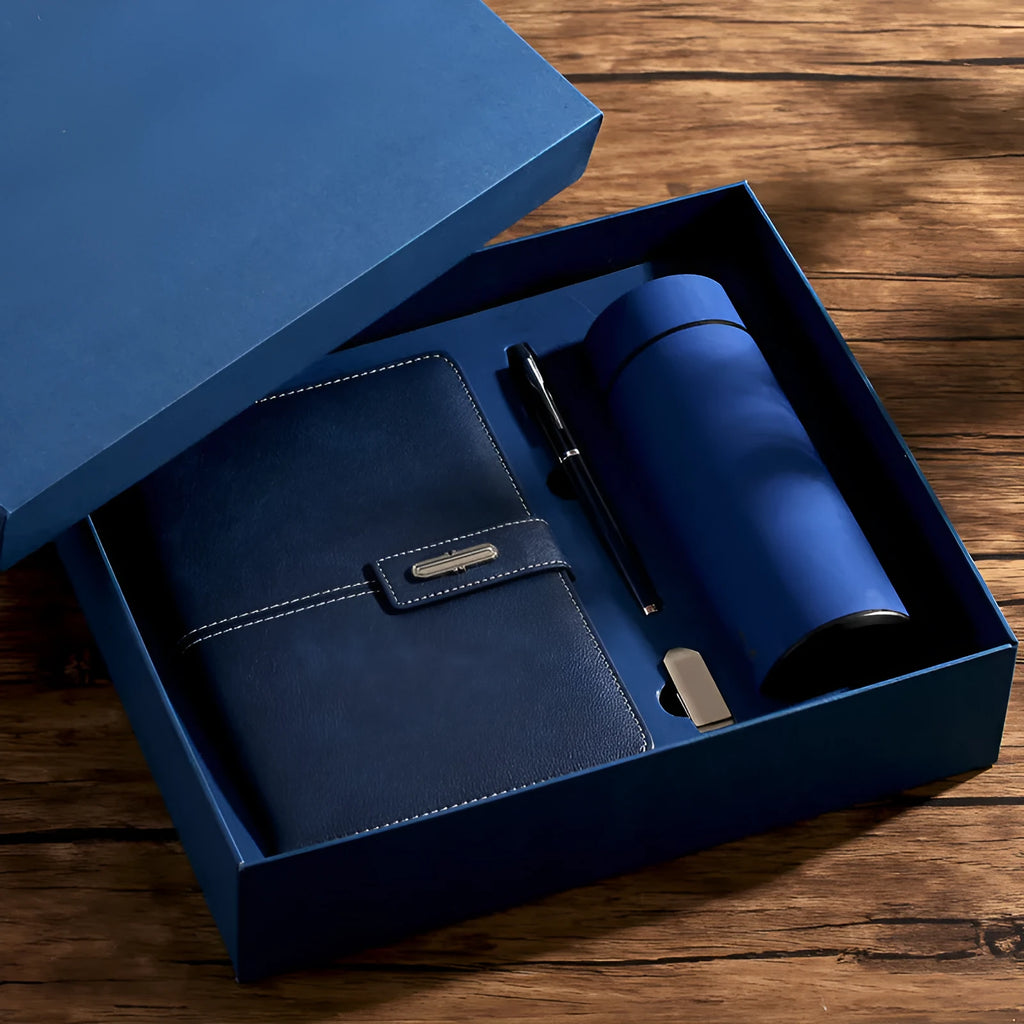 A5 notebook with imitation leather cover in various colours including black, red, green, blue, and orange.