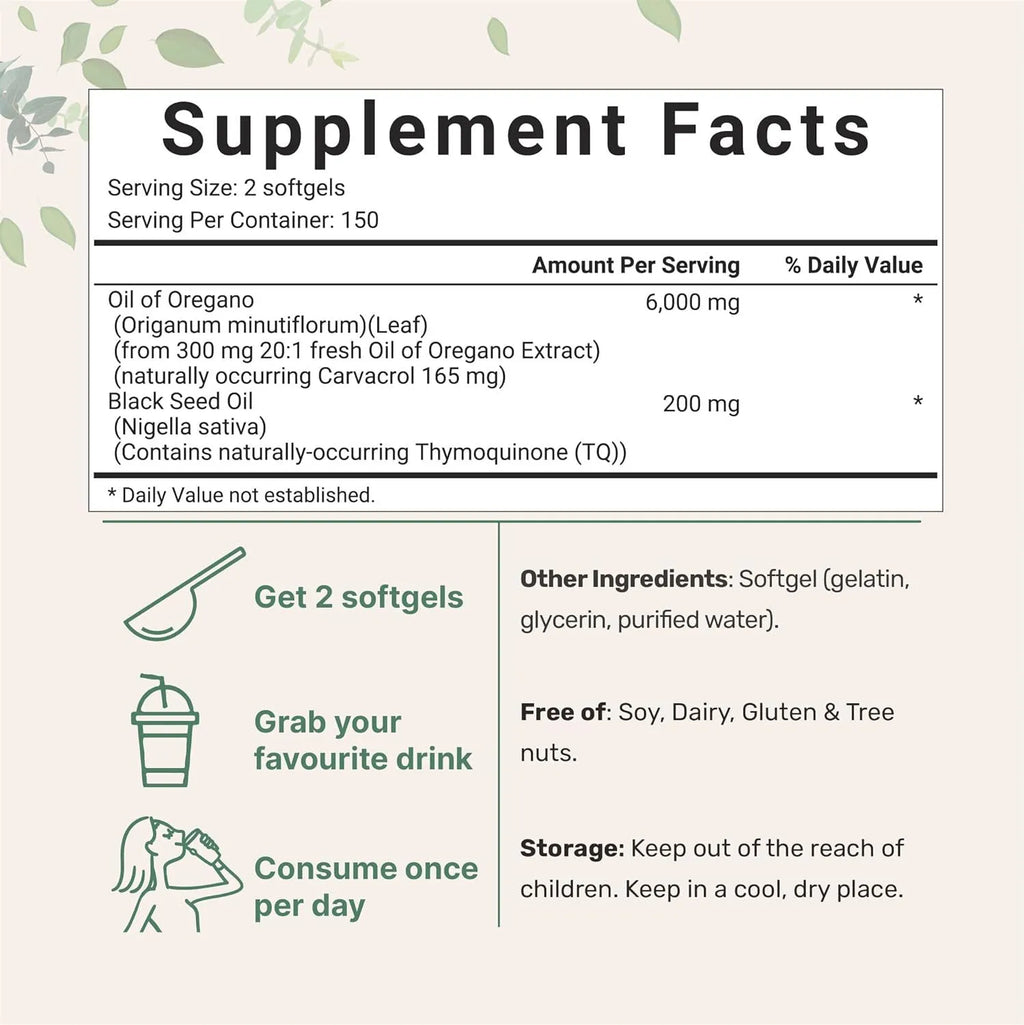 Pack of Butter Black Seed Oil Soft Capsules dietary supplement, showing pack size options of 180 or 300 tablets.