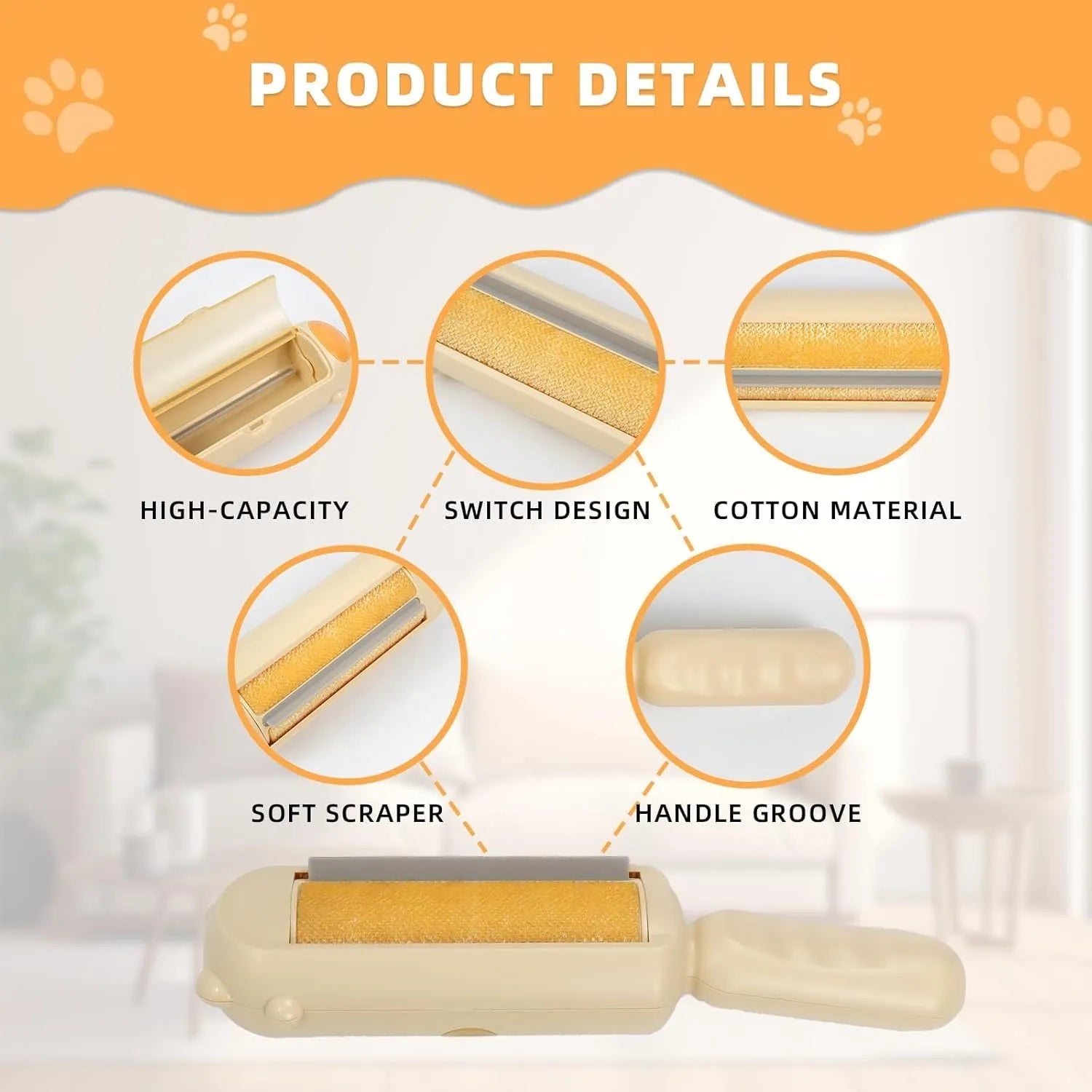 Blue reusable pet hair removal tool with a handle and roller, designed for furniture and car seats