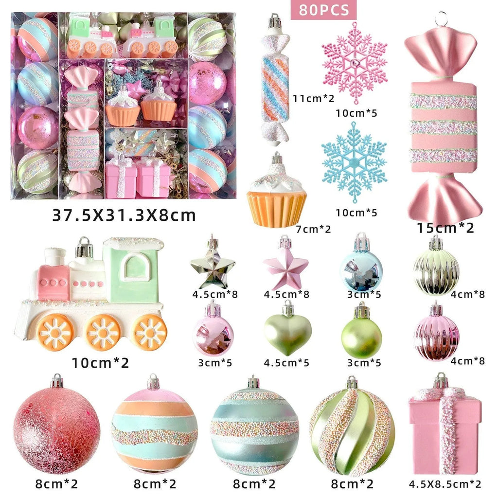 Macaron candy Christmas tree pendant set, plastic painted decoration in 34, 58 or 80 candy packs