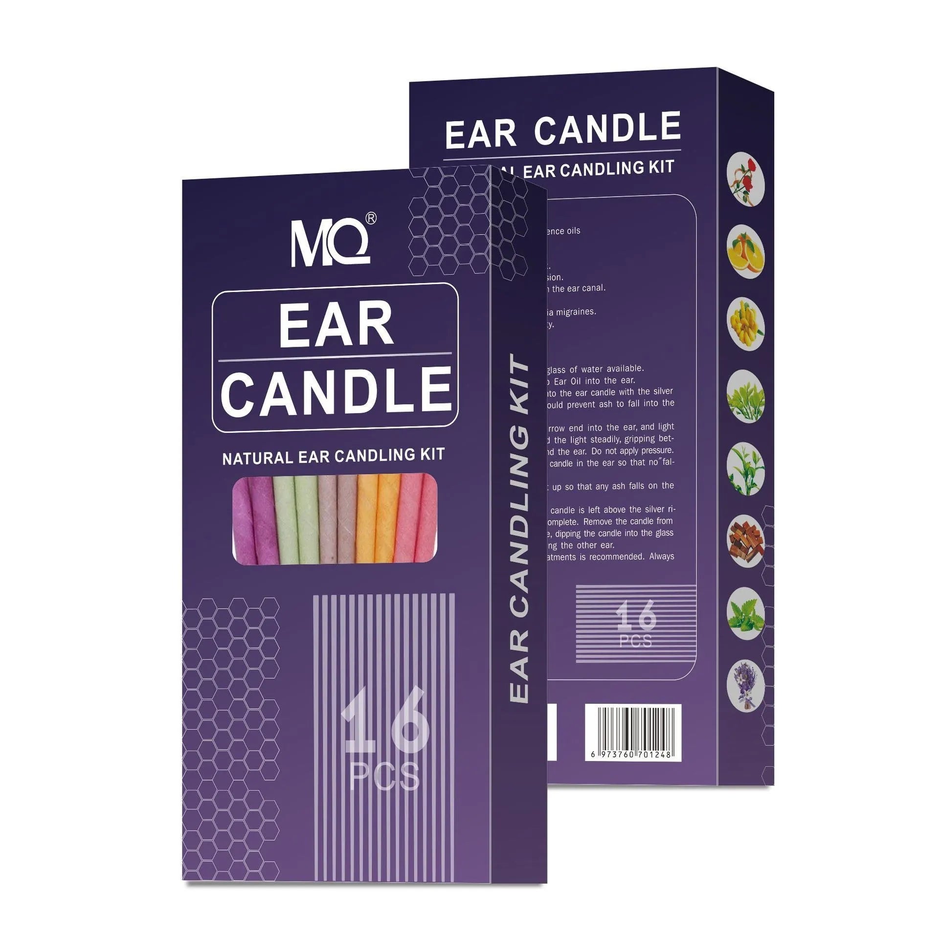 Ear candle set showing 16 candles, 8 protection boards and 16 cotton swabs arranged on table