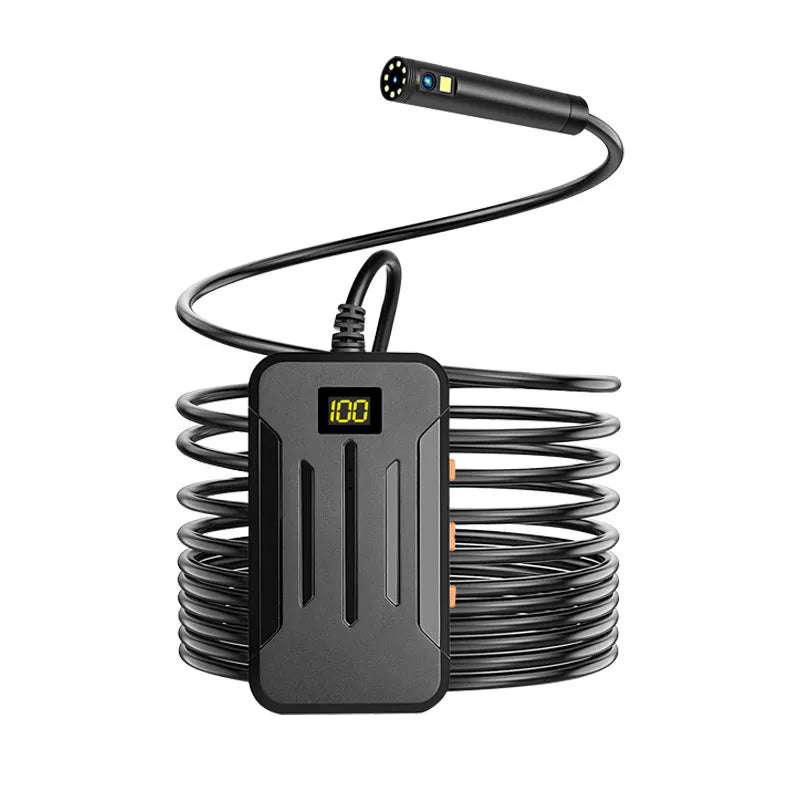 F300 wireless dual lens endoscope camera with 5.5mm and 8mm probes, hook, and magnet attachments on a table.