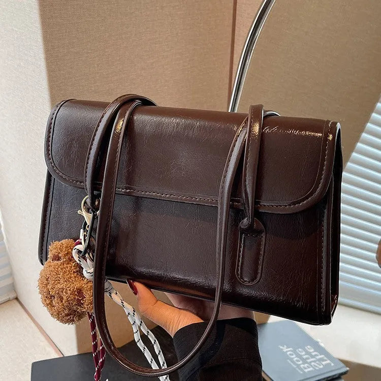 Women's Maillard style PU shoulder bag in brown with horizontal square shape and double strap